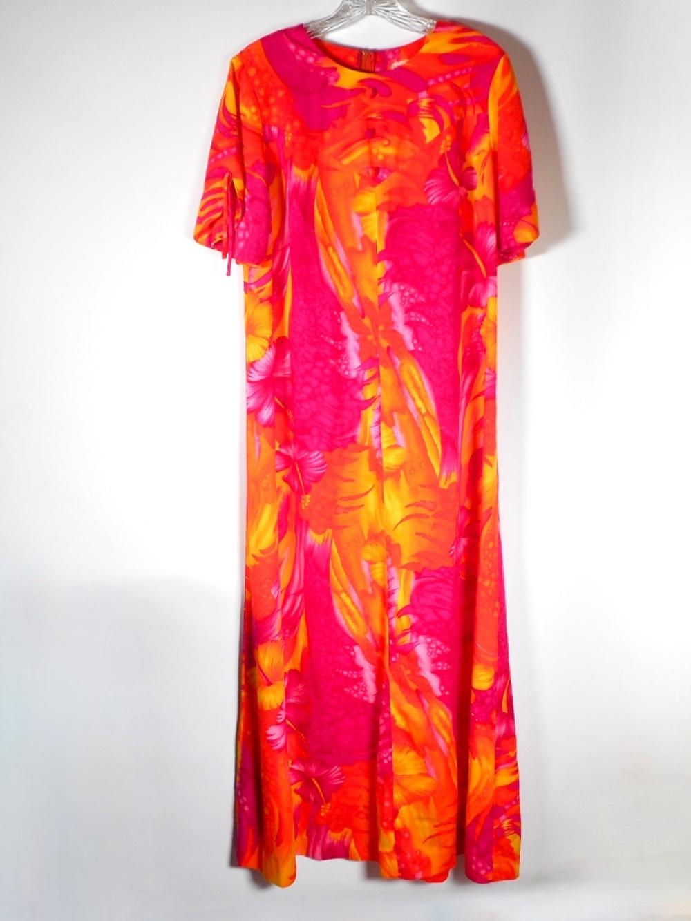 RARE VTG 60s 70s Wiko Hawaii Floral L Hawaiian Maxi Dress Pink Orange Hibiscus